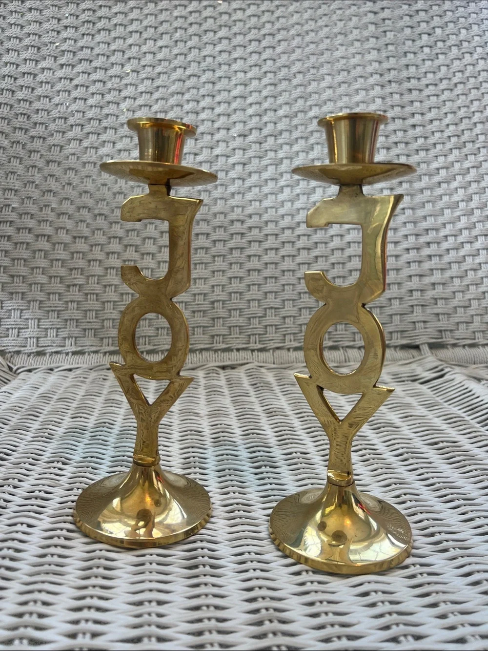 Vintage Brass JOY Candlestick Pair